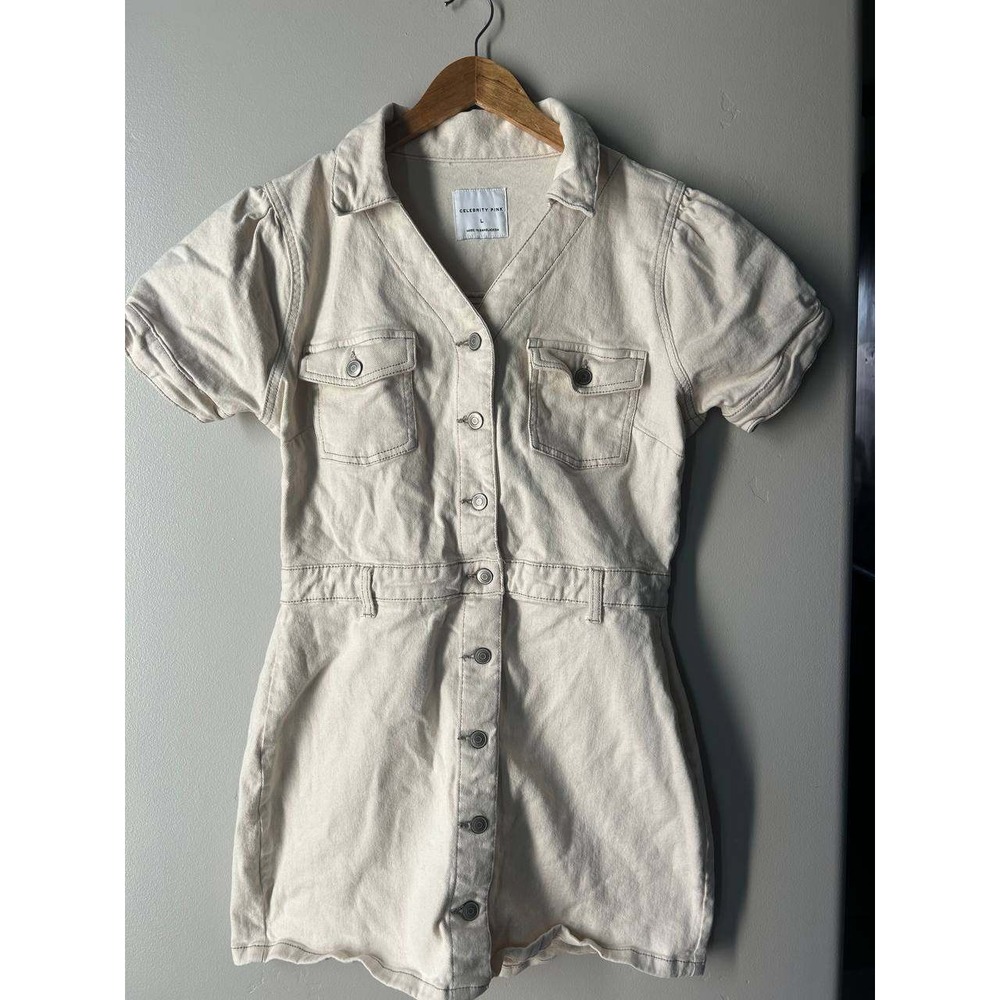 Celebrity Pink Denim Romper Cream L Euro Summer Boho Resortwear Cottagecore Chic